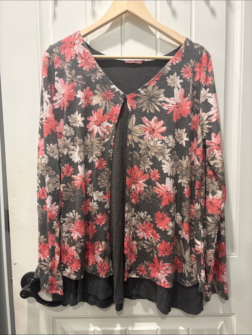 Floral Cascade layered 2in 1 shirt Charcoal with Coral Floral XL